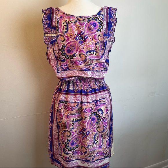 Mimmer Bohemian Vibrant Paisley Print Satin Sleeveless Dress Women’s size Large - Picture 6 of 7